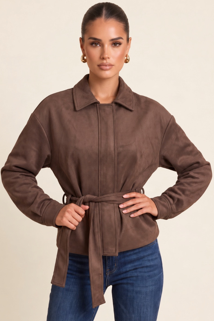 Chocolate Faux Suede Belted Jacket - Louise