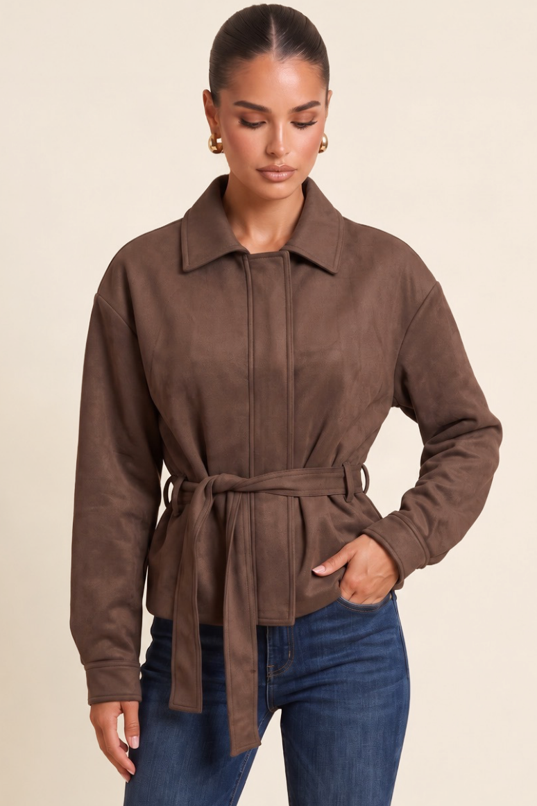 Chocolate Faux Suede Belted Jacket - Louise