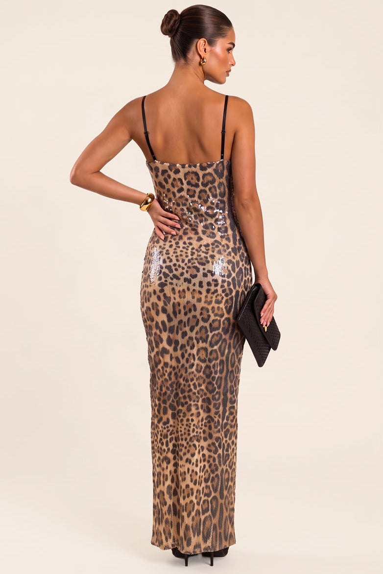 Brown Leopard Sequin Lace Trim Maxi Dress - Shiree