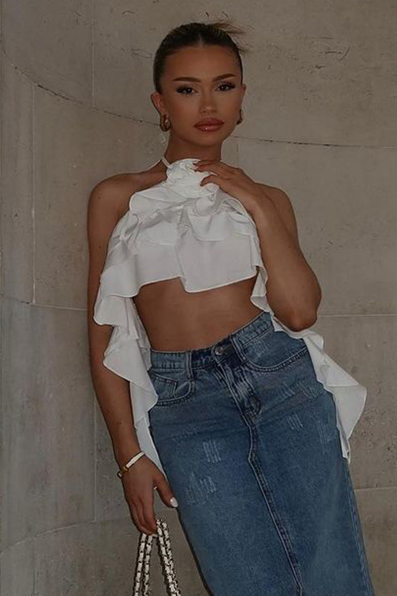 White Rosette Frill Detail Crop Top - Arisa