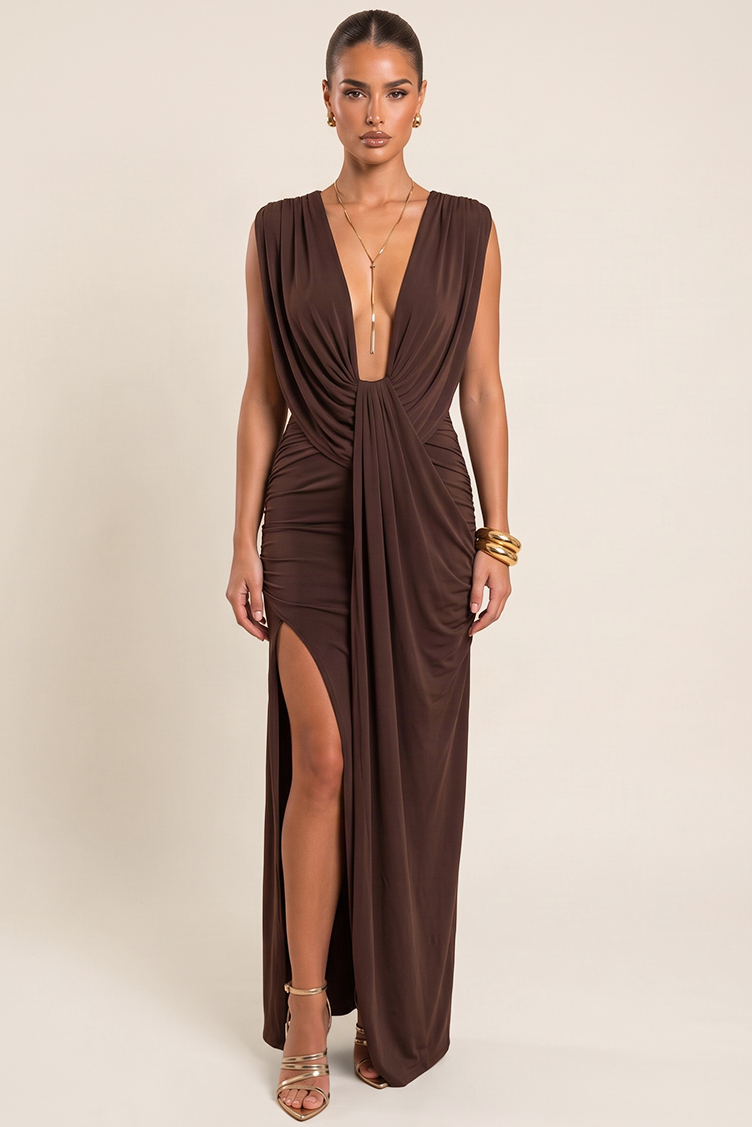 Chocolate Draped Split Front Maxi Dress - Raelyn