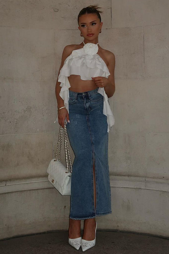 Mid Blue Front Slit Denim Maxi Skirt - Asami