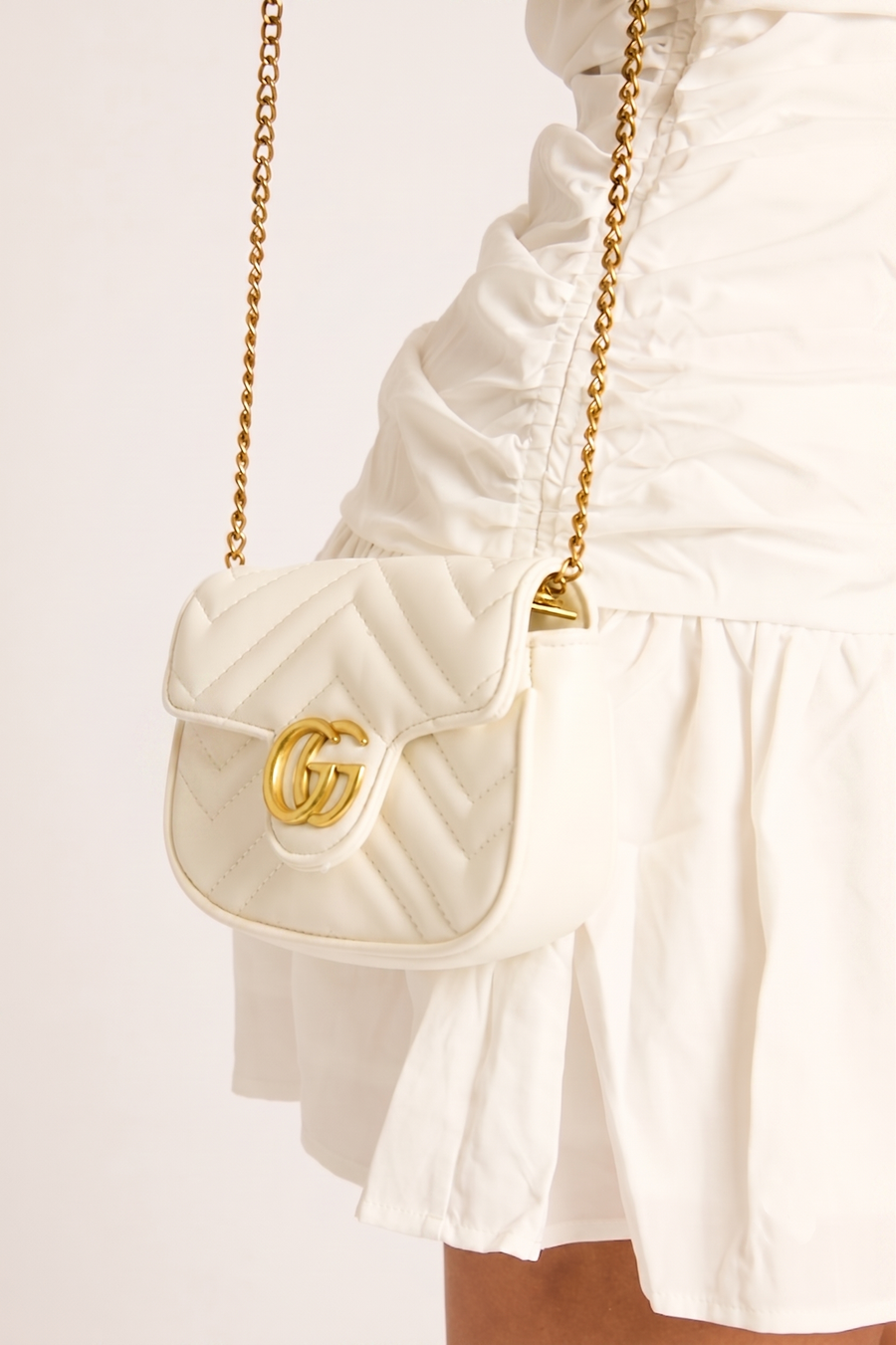 White Logo Detail Faux Leather Quilted Mini Shoulder Bag - Tina