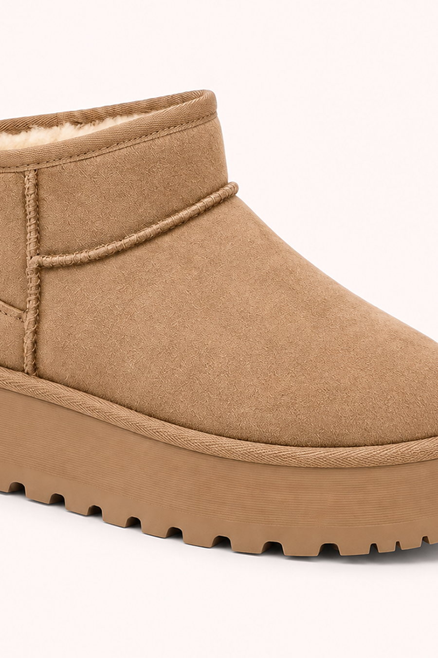 Beige Faux Suede Faux Fur Lined Platform Mini Ankle Boots - Tristan