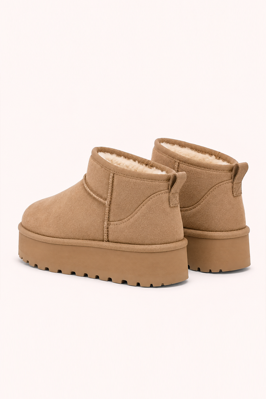 Beige Faux Suede Faux Fur Lined Platform Mini Ankle Boots - Tristan