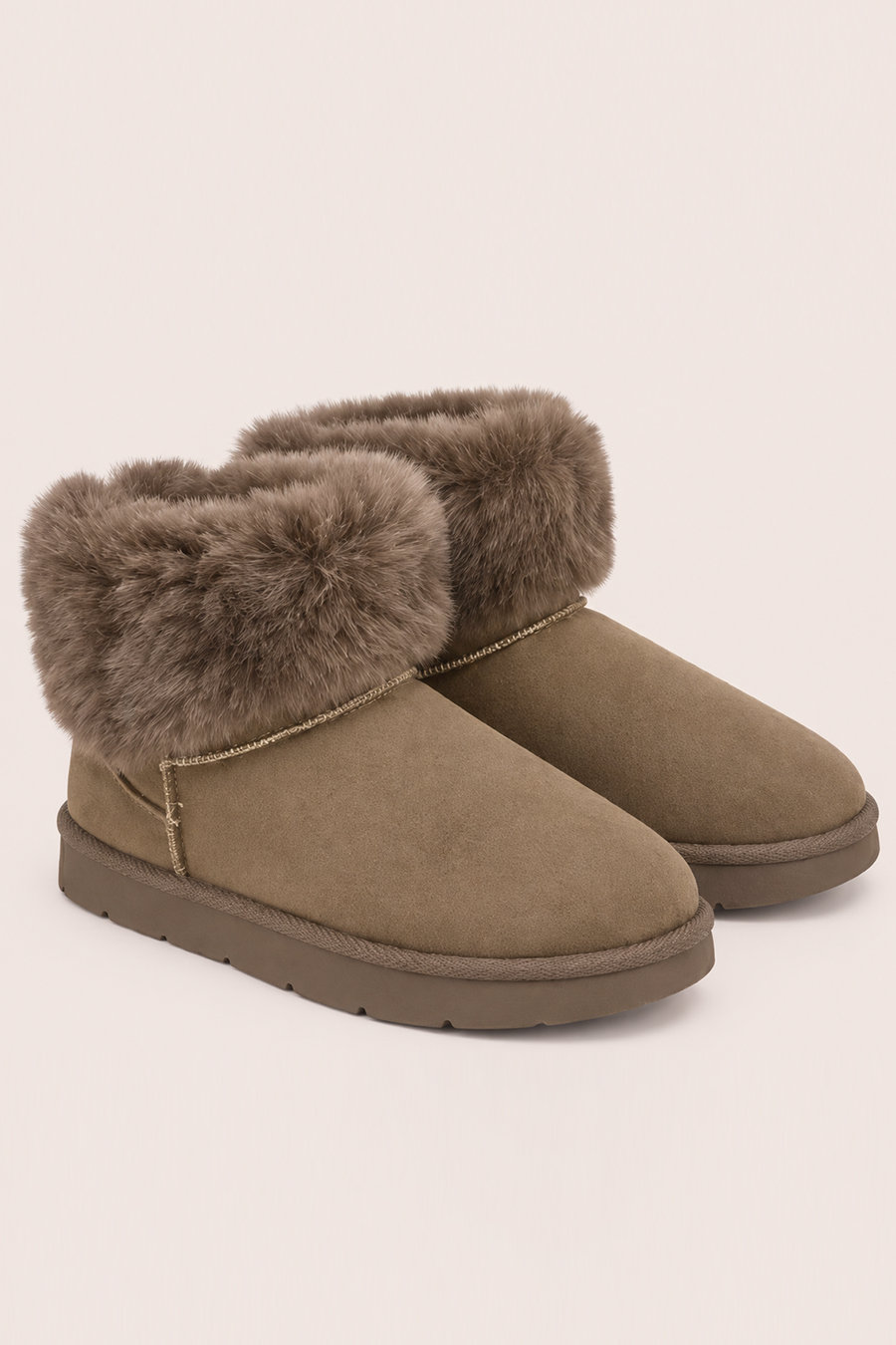 Beige Faux Suede Faux Fur Trim Ankle Boots - Marny