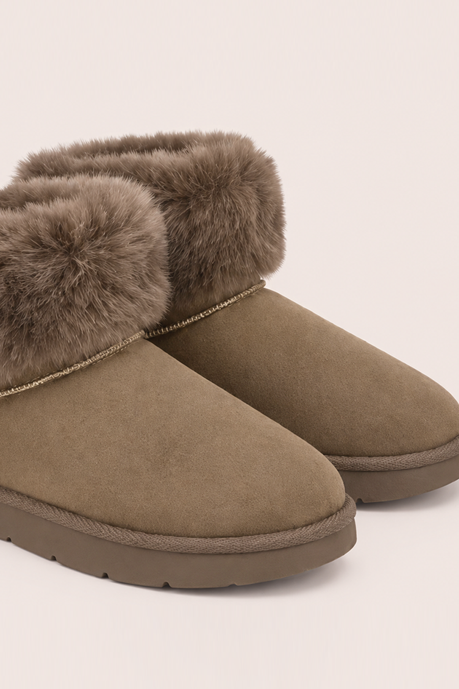 Beige Faux Suede Faux Fur Trim Ankle Boots - Marny