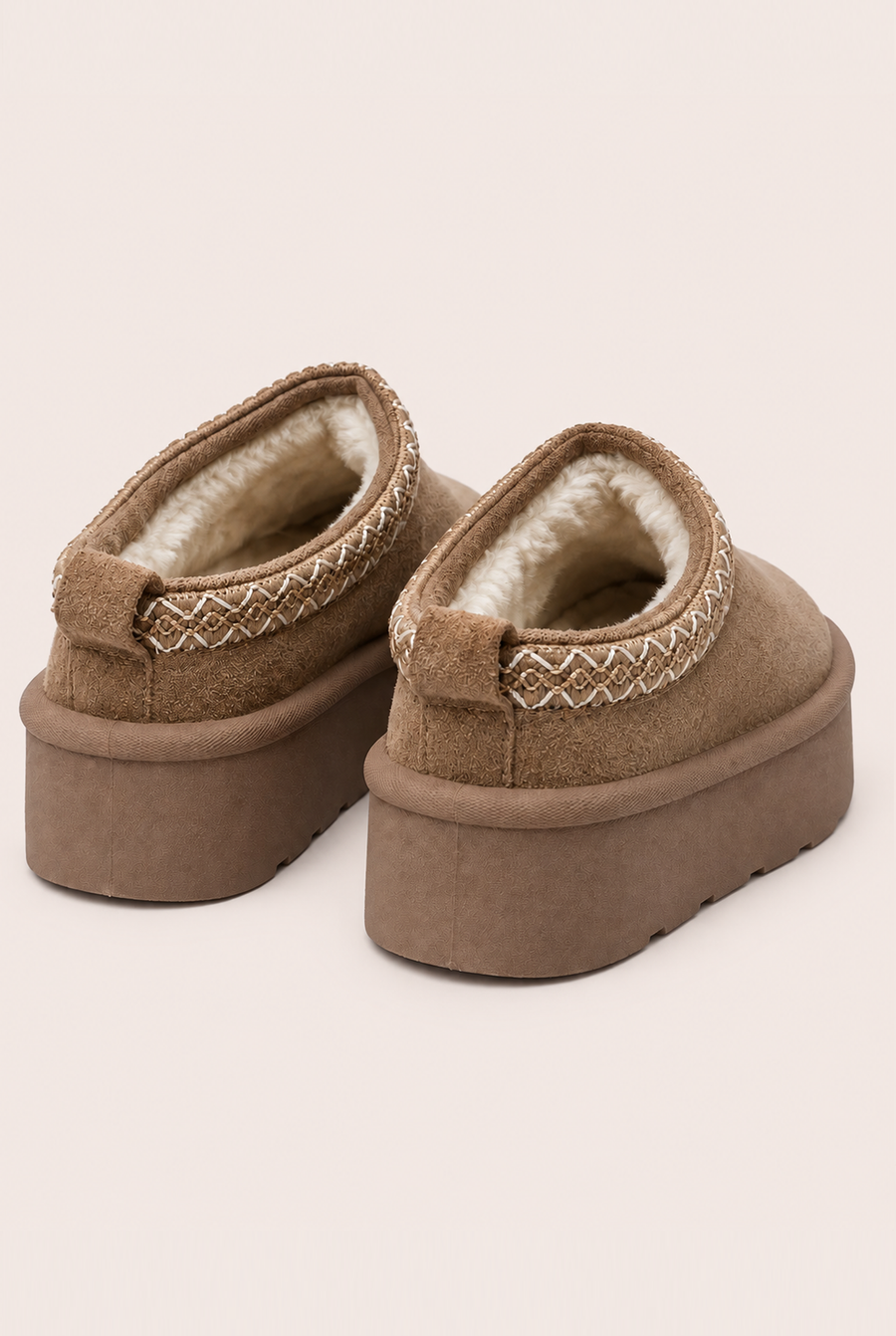 Beige Faux Suede Faux Fur Lined Platform Mules - Abby