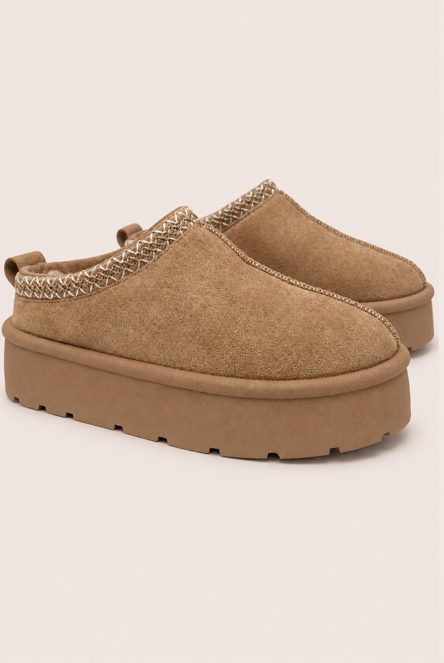 Beige Faux Suede Faux Fur Lined Platform Mules - Abby