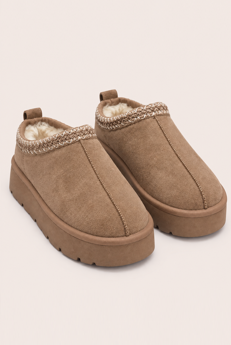 Beige Faux Suede Faux Fur Lined Platform Mules - Abby