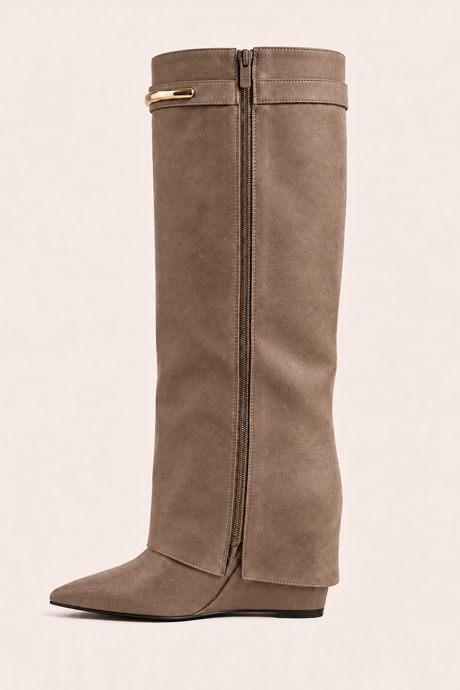 Taupe Faux Suede Trim Detail Layered Knee High Boots - Milly