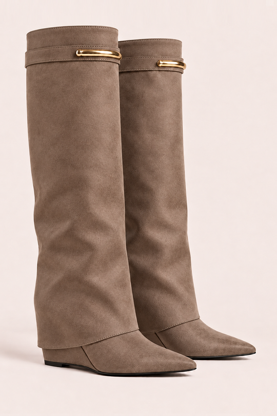 Taupe Faux Suede Trim Detail Layered Knee High Boots - Milly