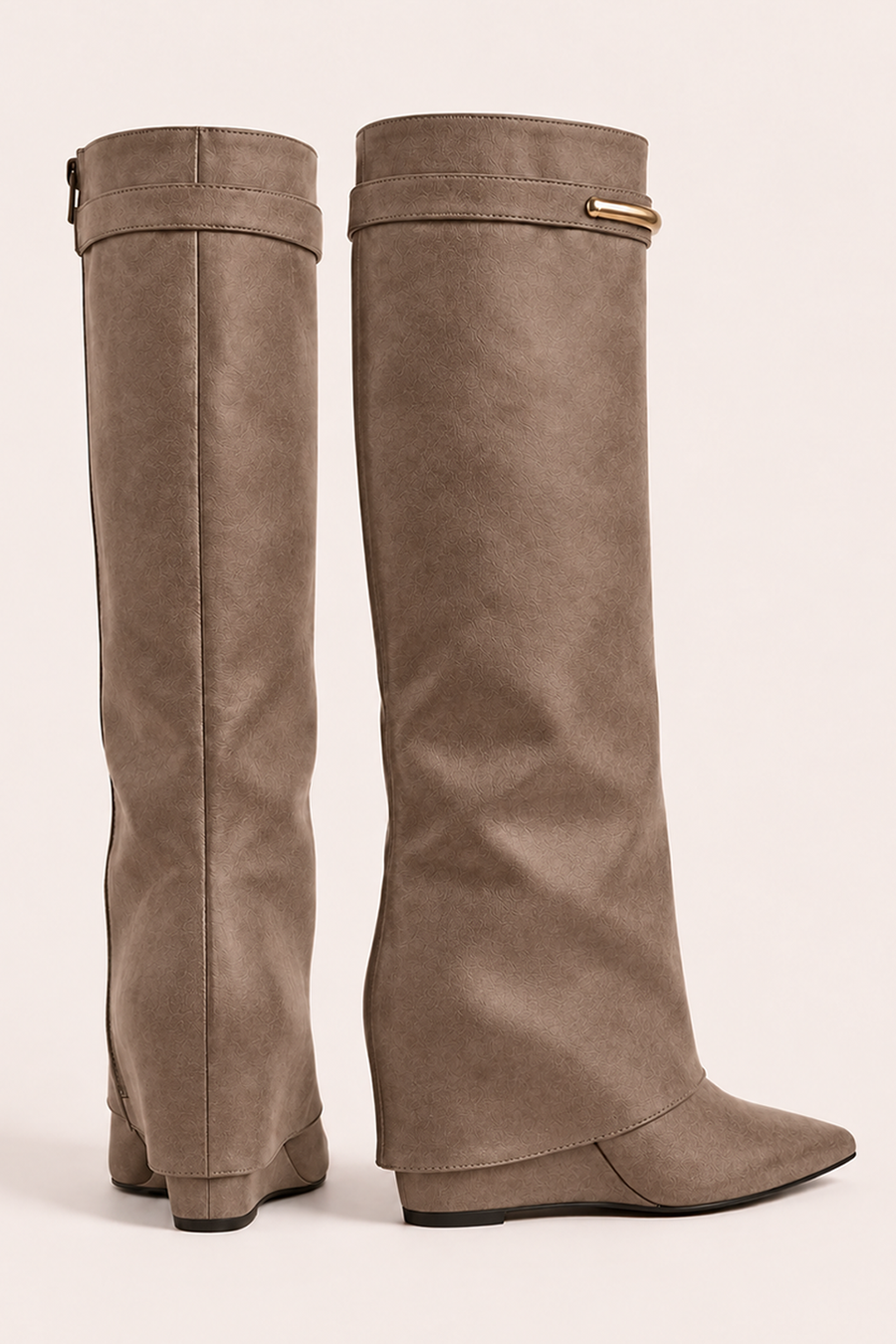 Taupe Faux Suede Trim Detail Layered Knee High Boots - Milly