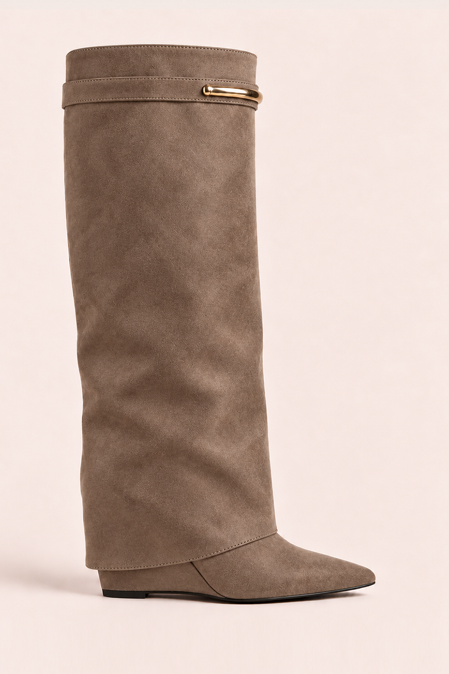 Taupe Faux Suede Trim Detail Layered Knee High Boots - Milly