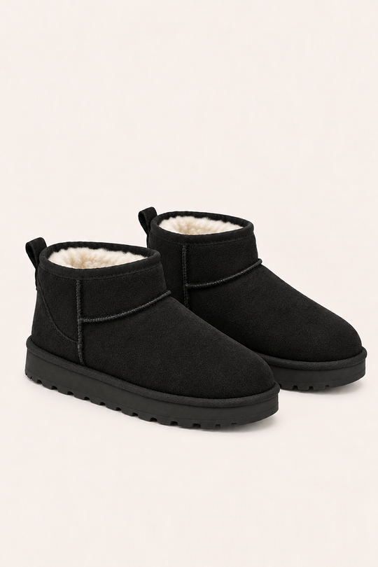 Black Faux Suede Faux Fur Lined Mini Ankle Boots - Gemini