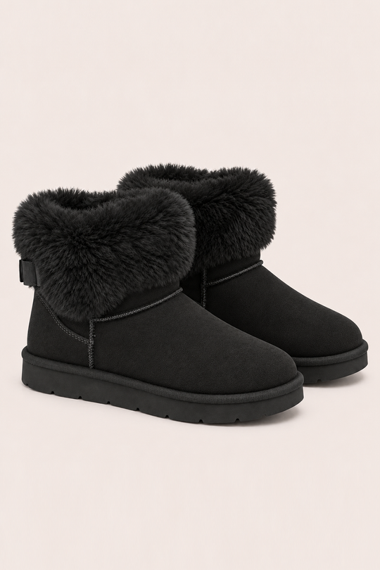 Black Faux Suede Faux Fur Trim Ankle Boots - Marny