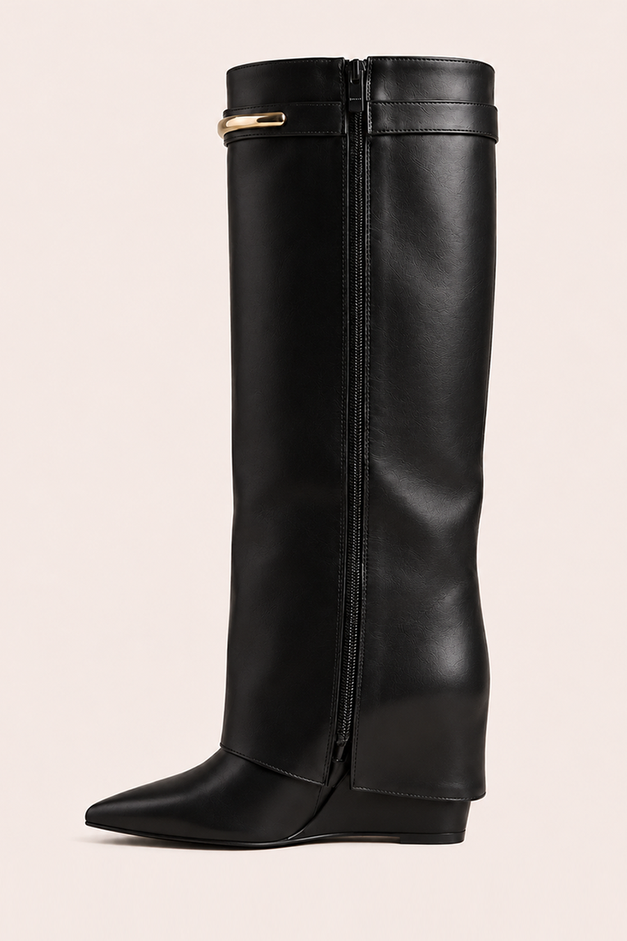 Black Faux Leather Trim Detail Layered Knee High Boots - Milly