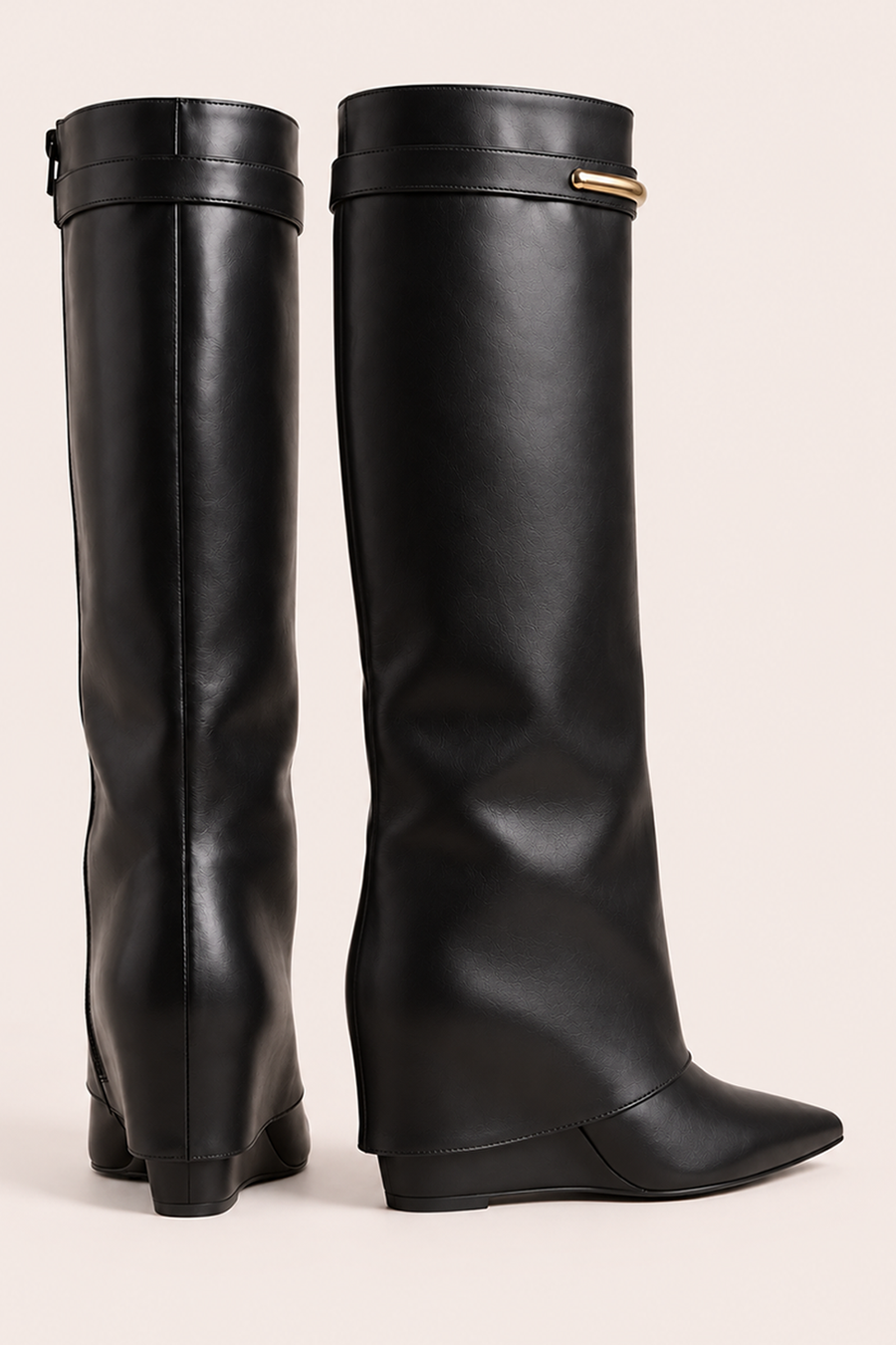 Black Faux Leather Trim Detail Layered Knee High Boots - Milly