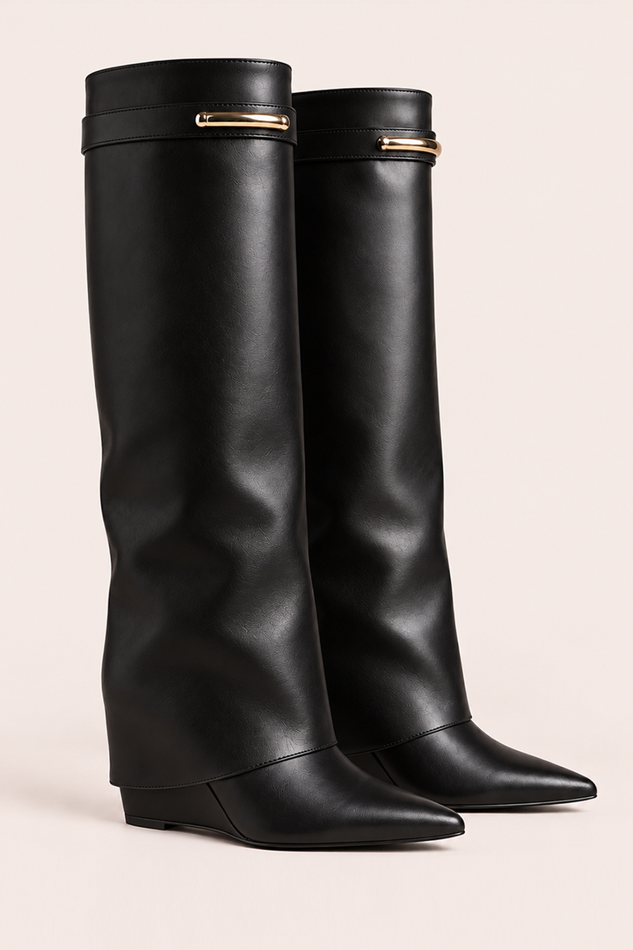 Black Faux Leather Trim Detail Layered Knee High Boots - Milly