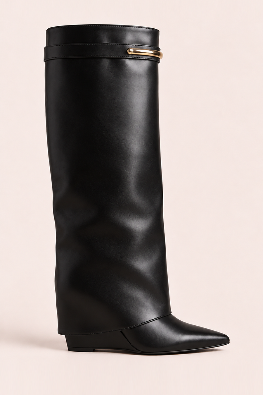 Black Faux Leather Trim Detail Layered Knee High Boots - Milly