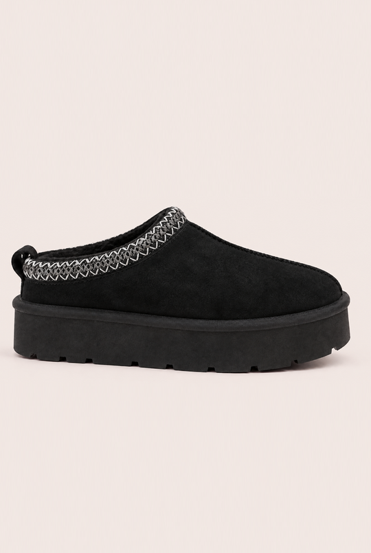 Black Faux Suede Faux Fur Lined Platform Mules - Abby