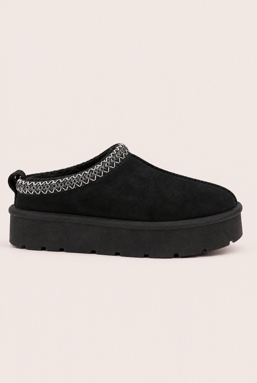 Black Faux Suede Faux Fur Lined Platform Mules - Abby