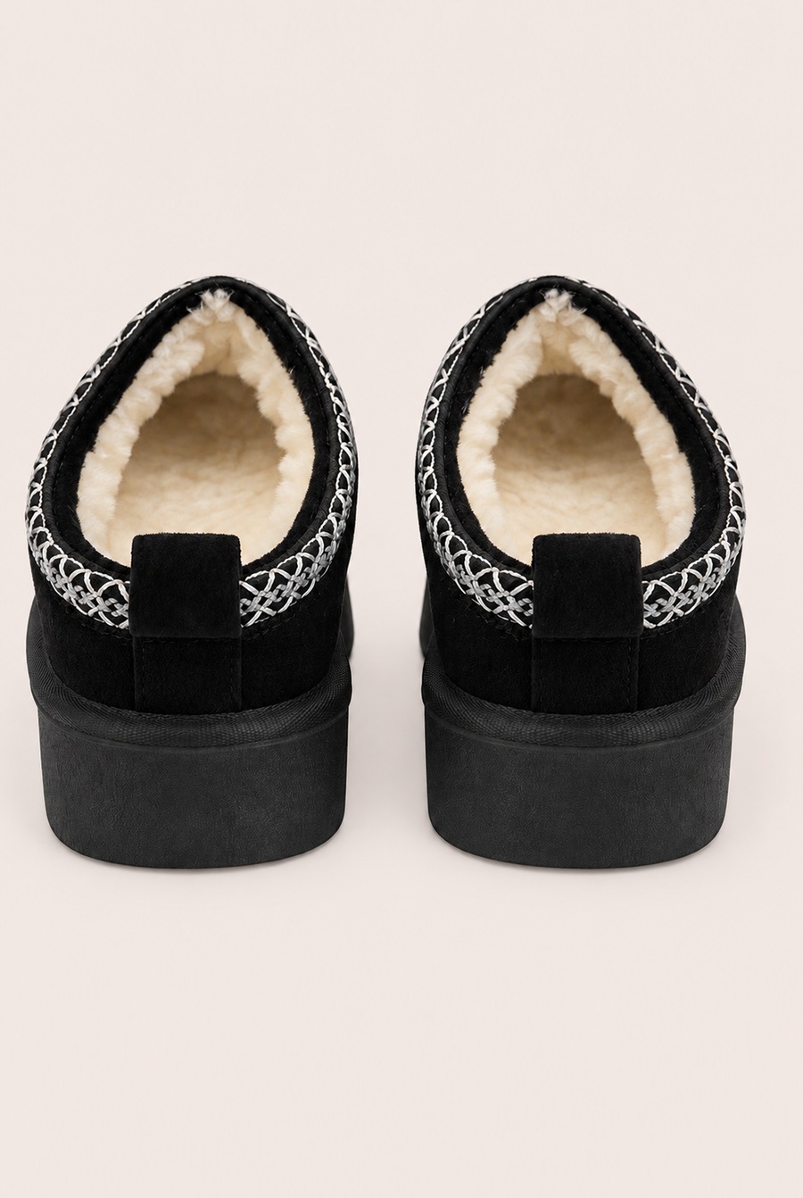 Black Faux Suede Faux Fur Lined Platform Mules - Abby