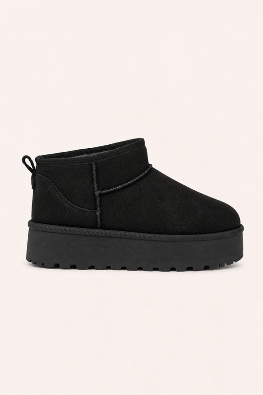 Black Faux Suede Faux Fur Lined Platform Mini Ankle Boots - Tristan