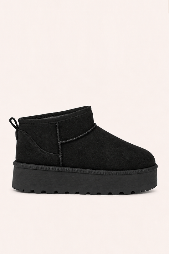 Black Faux Suede Faux Fur Lined Platform Mini Ankle Boots - Tristan