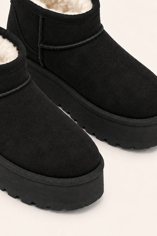 Black Faux Suede Faux Fur Lined Platform Mini Ankle Boots - Tristan