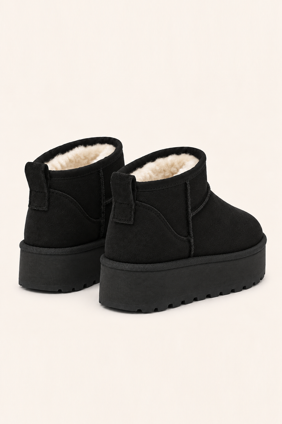 Black Faux Suede Faux Fur Lined Platform Mini Ankle Boots - Tristan