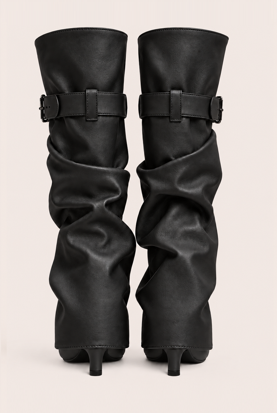 Black Faux Leather Layered Slouchy Knee High Boots - Jordan