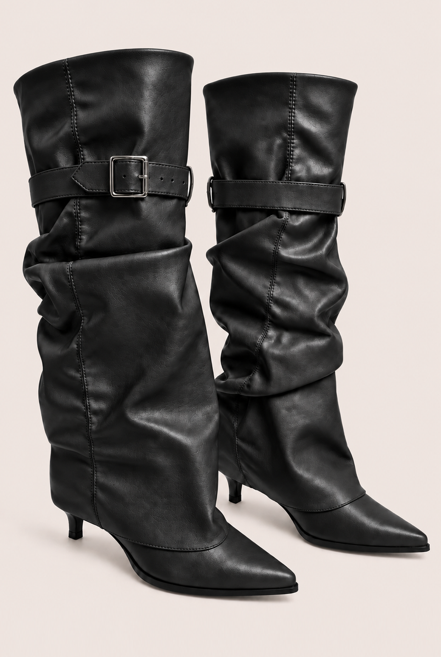 Black Faux Leather Layered Slouchy Knee High Boots - Jordan
