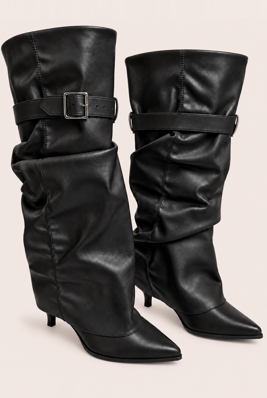 Black Faux Leather Layered Slouchy Knee High Boots - Jordan
