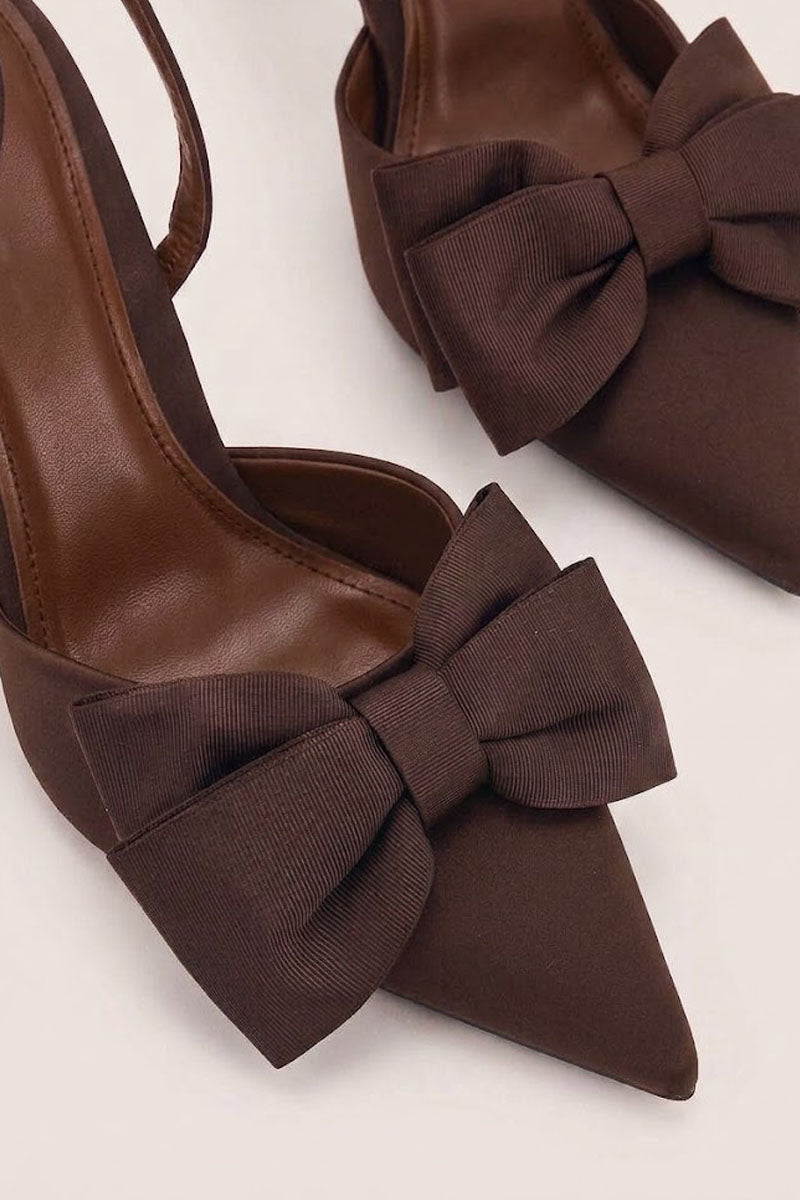 Brown Bow Detail Slingback Pointed Court Heels - Penelope