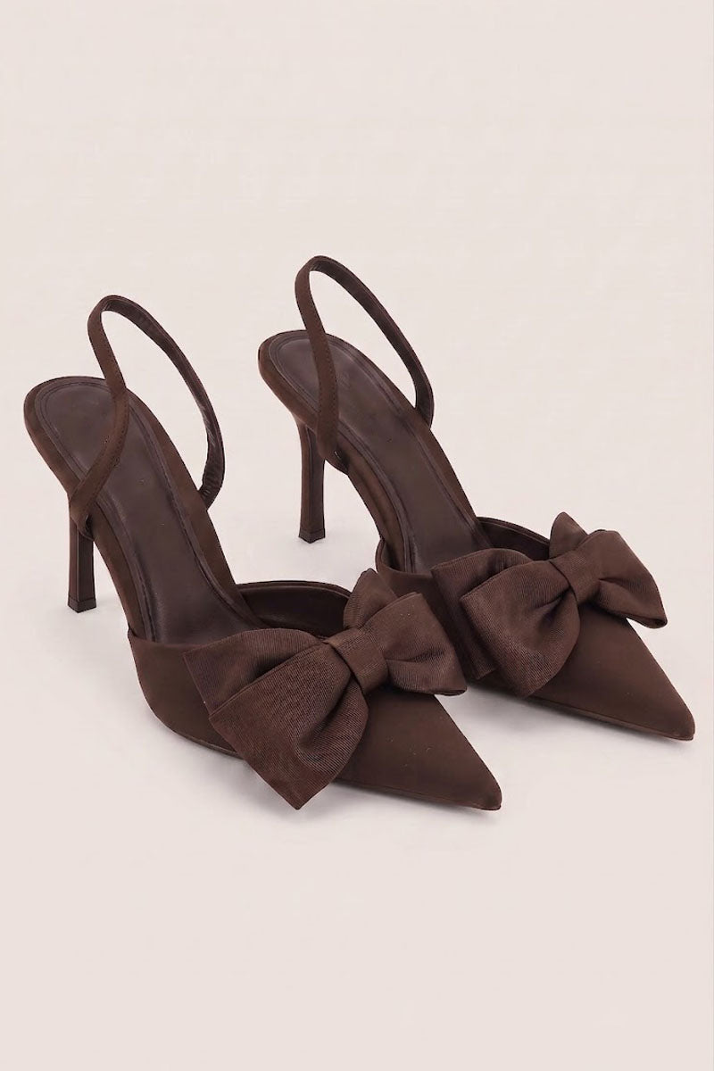 Brown Bow Detail Slingback Pointed Court Heels - Penelope