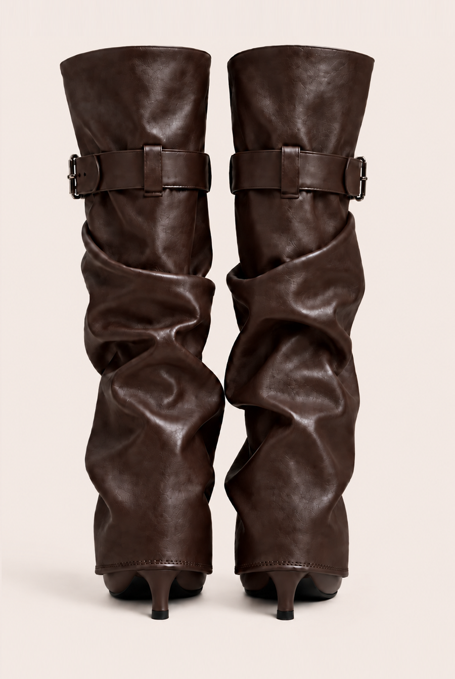 Chocolate Faux Leather Layered Slouchy Knee High Boots - Jordan
