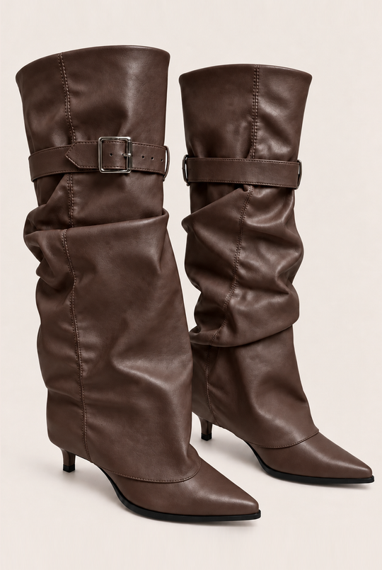 Chocolate Faux Leather Layered Slouchy Knee High Boots - Jordan