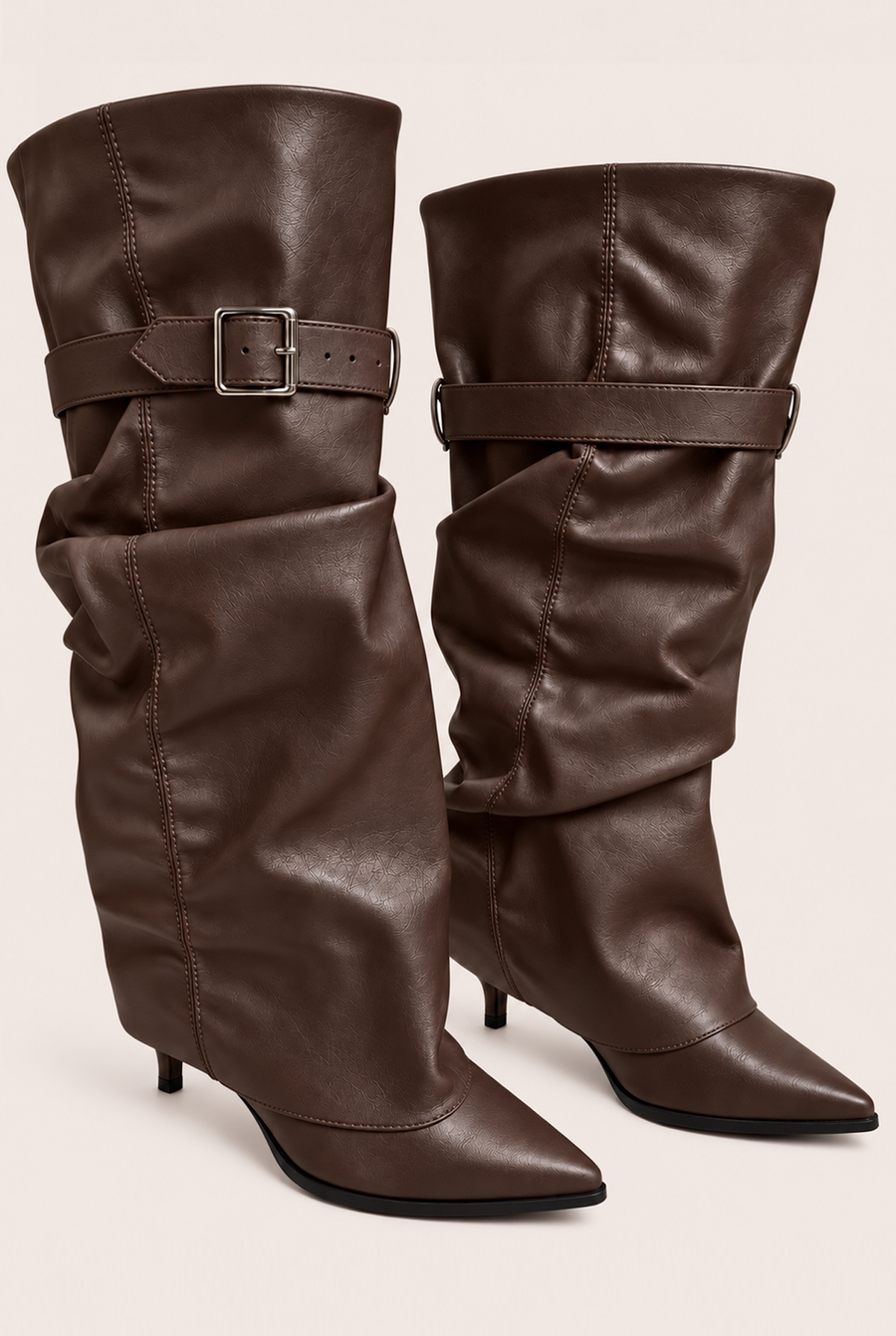 Chocolate Faux Leather Layered Slouchy Knee High Boots - Jordan
