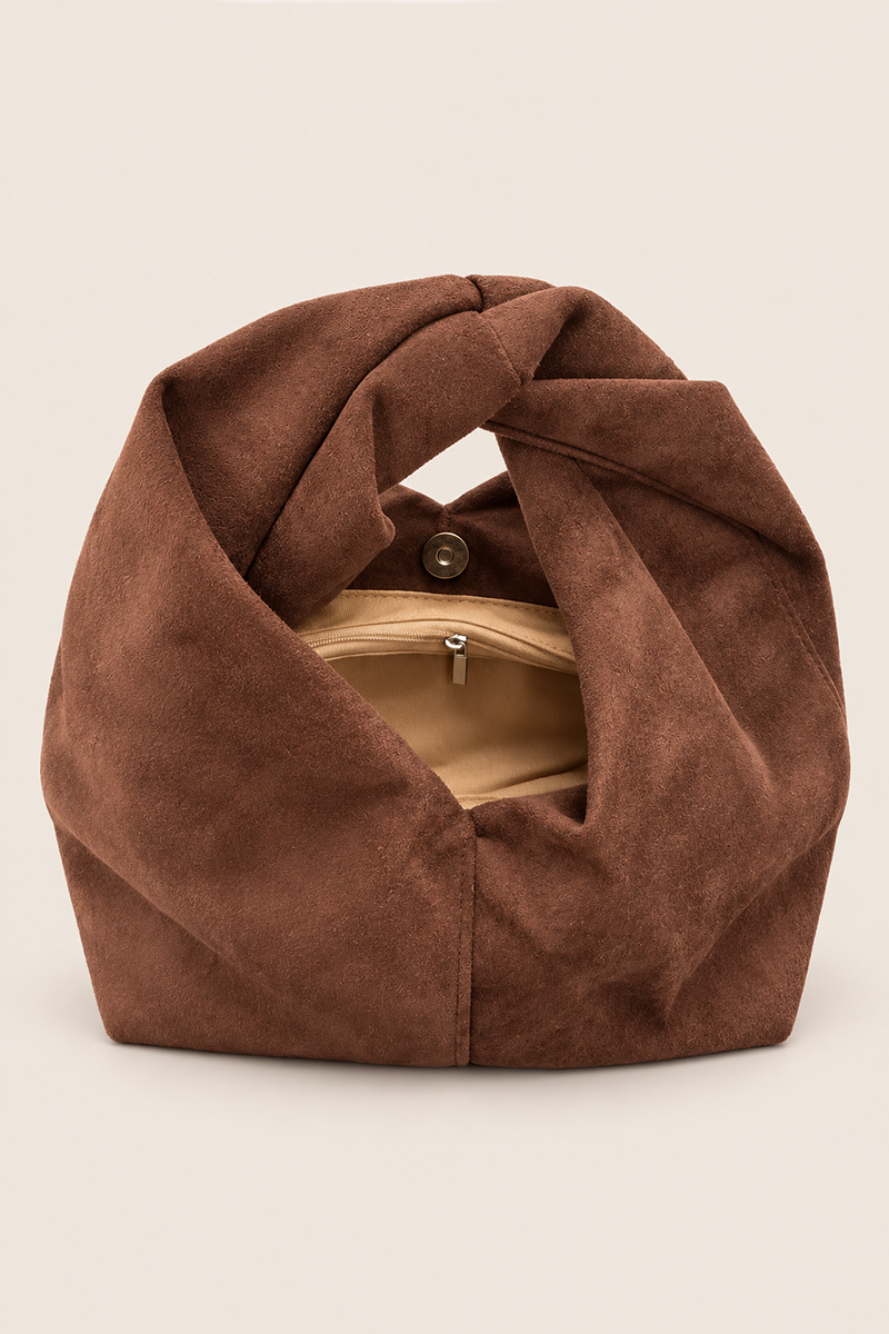Chocolate Faux Suede Twist Handle Grab Bag - Shardy