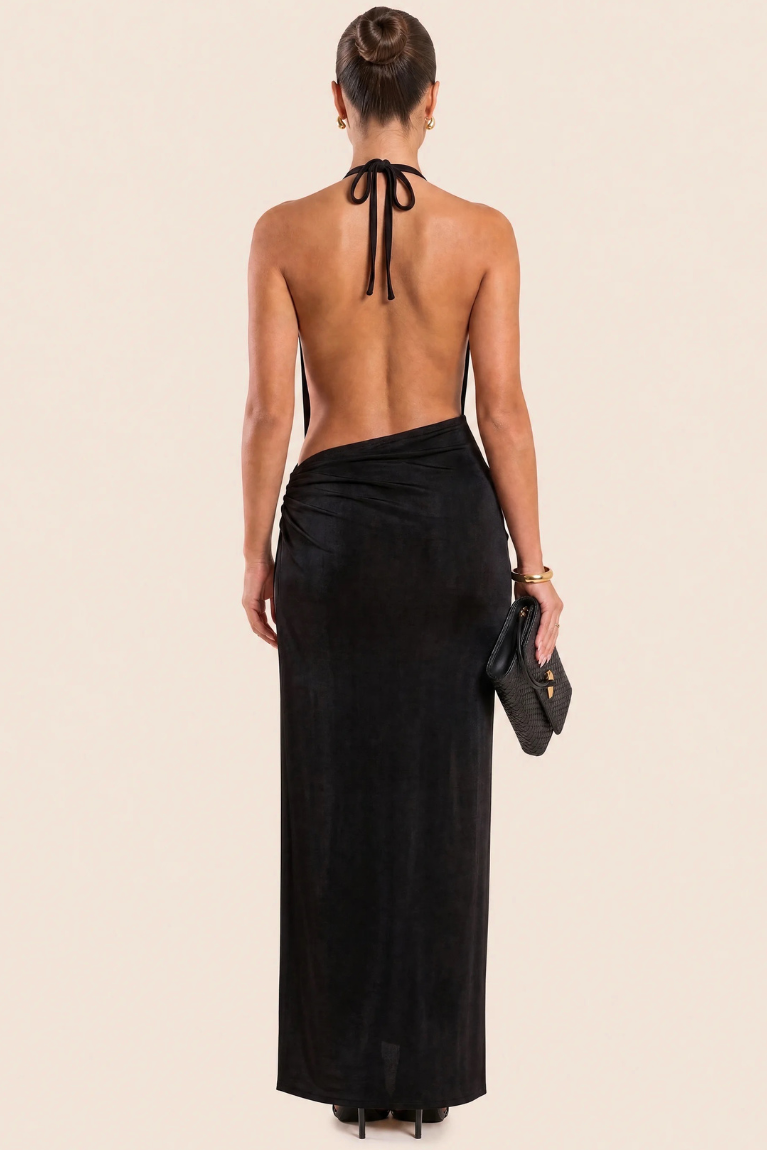 Black Velvet Strappy Maxi Dress - Crystal