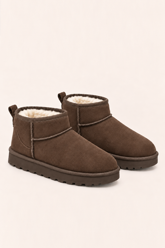 Chocolate Faux Suede Faux Fur Lined Mini Ankle Boots - Gemini