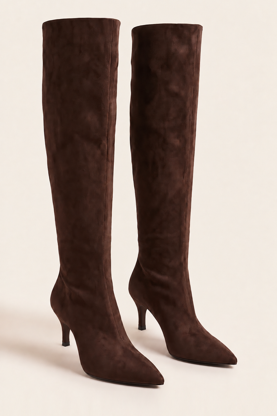 Chocolate Faux Suede Stiletto Knee High Boots - Lexi