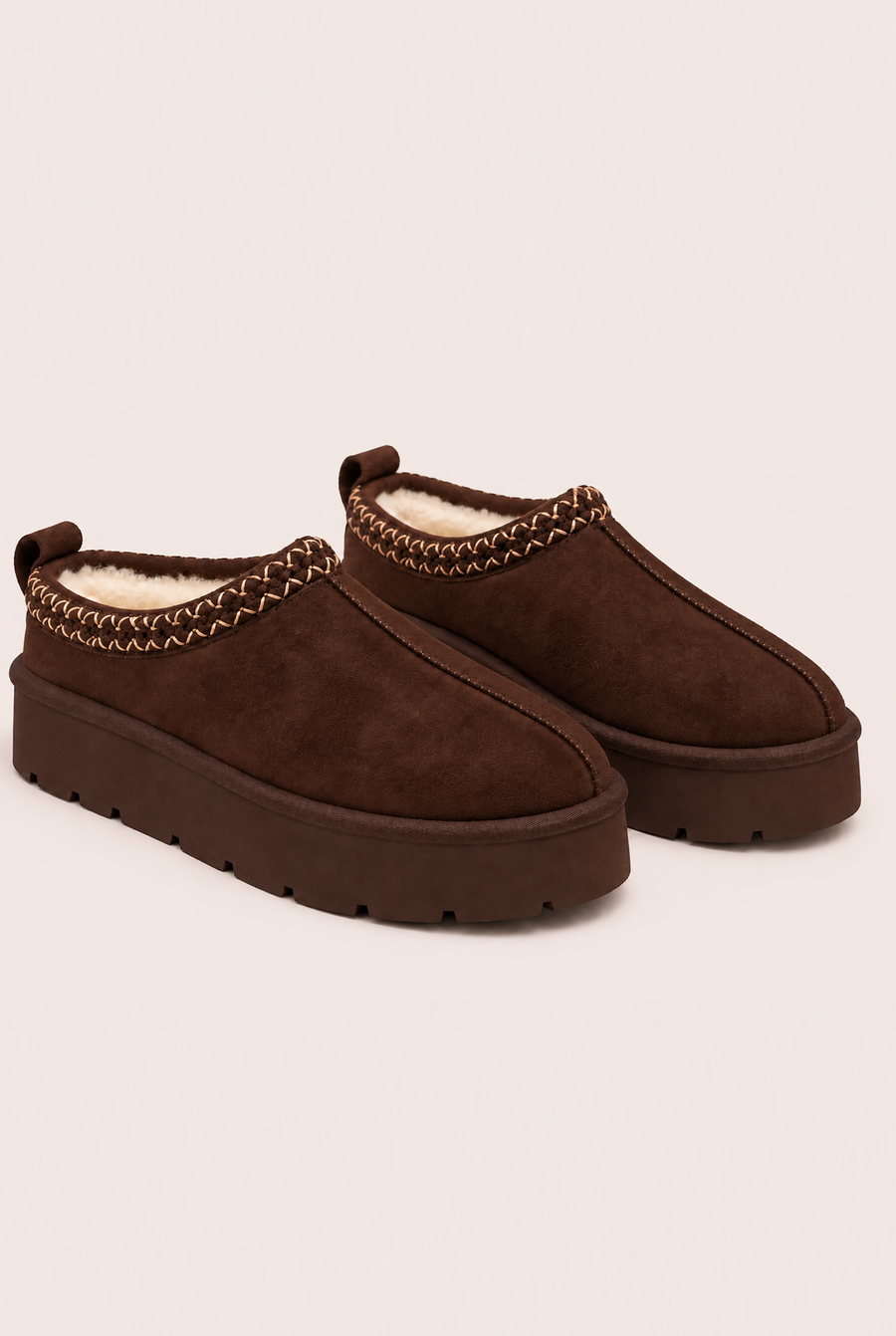 Chocolate Faux Suede Faux Fur Lined Platform Mules - Abby
