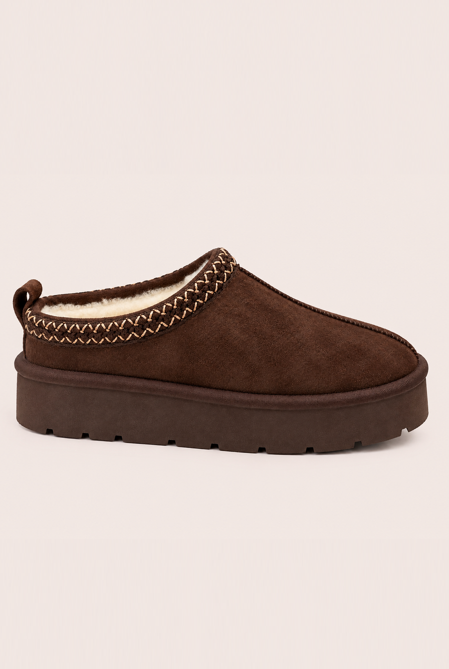 Chocolate Faux Suede Faux Fur Lined Platform Mules - Abby