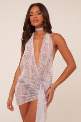 Grey Snake Print Plunge Neck Backless Mini Dress - Janece