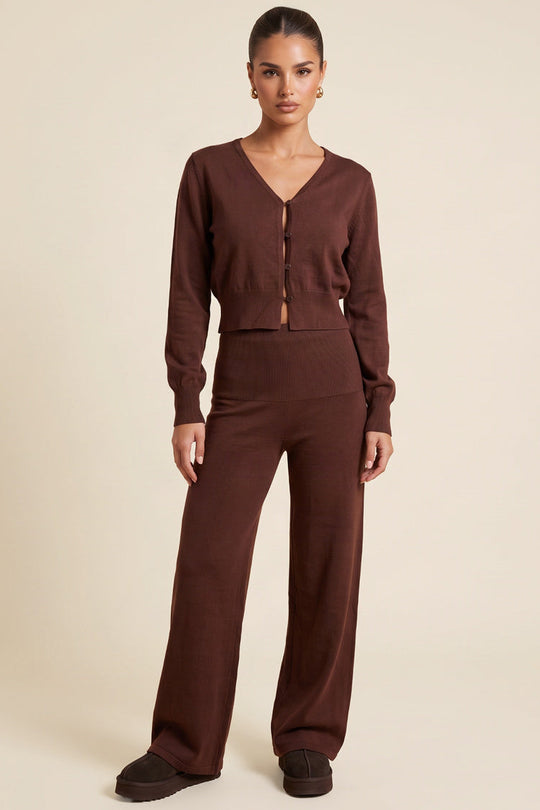 Chocolate Knitted Cardigan Top and Wide Leg Co-ord Set - Shyla