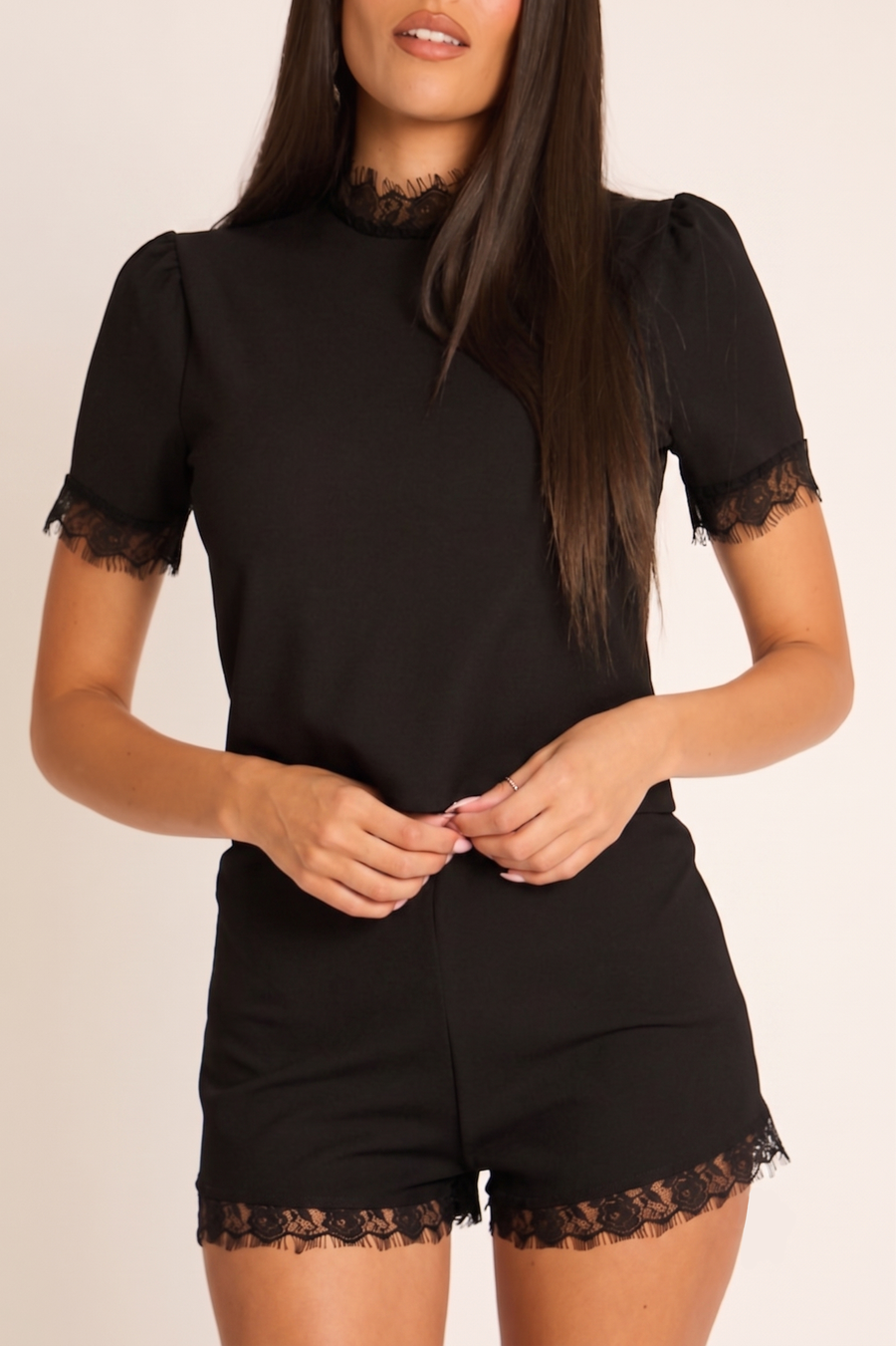 Black Lace Trim Detail Top and Shorts Co-ord Set - Elouise