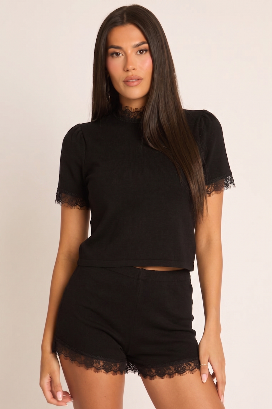 Black Lace Trim Detail Top and Shorts Co-ord Set - Elouise