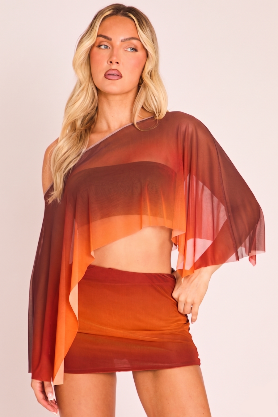 Chocolate Ombre Printed Mesh Cape 3 Piece Co-ord Set - Freddie